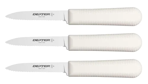 Dexter-Russell Paquete de 3 cuchillos de pelar S104SC | Cuchillas de acero inoxidable festoneadas de 3¼ pulgadas | Asas de polipropileno