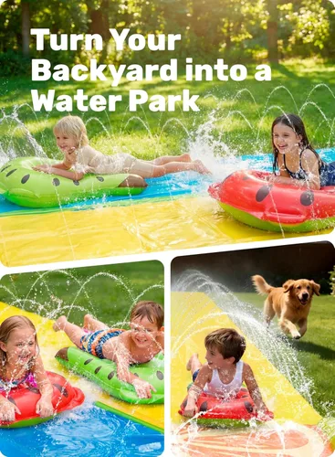 Miniatura 6 de Sloosh Toboganes acuáticos con 2 tablas inflables, tobogán de agua de doble carril de 22.5 pies con rociadores avanzados, juguete de verano