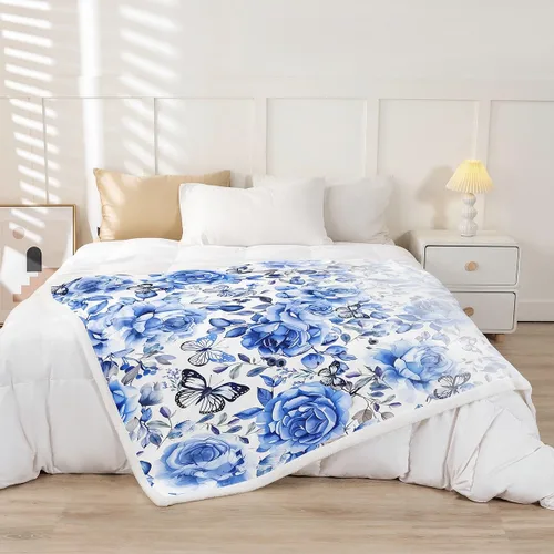 Miniatura 2 de Homewish Manta de cama con estampado de flores, manta de porcelana azul y blanca para niños y niños, manta sherpa de poliéster ligera con estampado