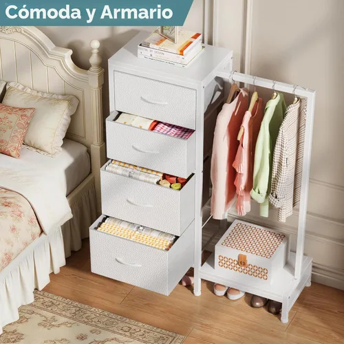 Miniatura 7 de HIGDBFE Cómoda alta de 44 pulgadas de alto con estante para colgar, cómoda pequeña de 4 cajones para dormitorio, cómoda de tela reversible con Blanco