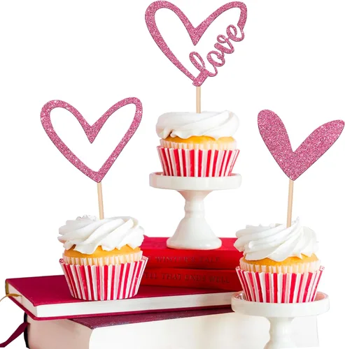 Miniatura 22 de Paquete de 24 adornos para cupcakes con purpurina en forma de corazón con temática de amor dulce, decoración de pasteles para el día de San