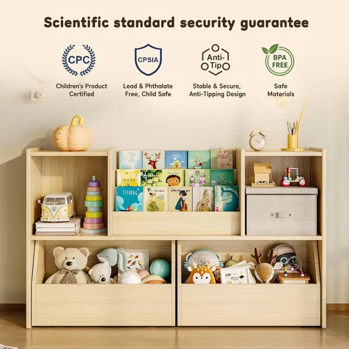 Miniatura 8 de EXPERLAM Estantería de madera maciza para niños y organizador de almacenamiento de juguetes, estantería Montessori 3 en 1 con cubos
