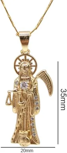 Miniatura 2 de Collar con colgante de la Santa Muerte chapado en oro de 14 quilates, eslabones cubanos de 22 pulgadas de largo, 1.378 x 0.787 in oro laminado