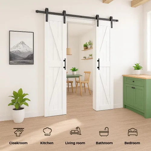 Miniatura 2 de S&Z TOPHAND® Puerta de granero doble de MDF de 18 x 84 pulgadas con kit de herrajes para puerta corredera de 6 pies, tablero sólido de puerta