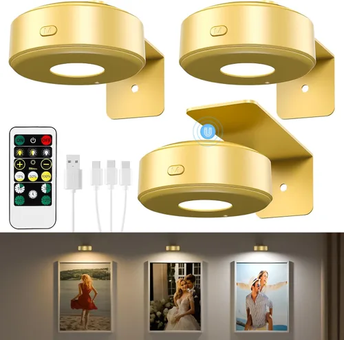 3 piezas de luces para imágenes, luz de pared recargable con batería para pinturas, luz de arte metálica regulable y con temporizador de 3 colores