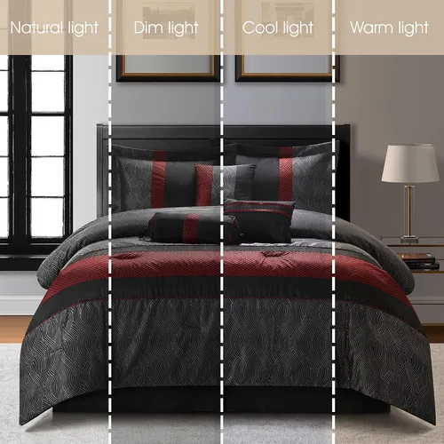 Miniatura 4 de Grand Avenue Juego de edredón rojo y negro tamaño Full, técnica jacquard y flocado, diseño moderno juegos de ropa de cama a rayas para todas