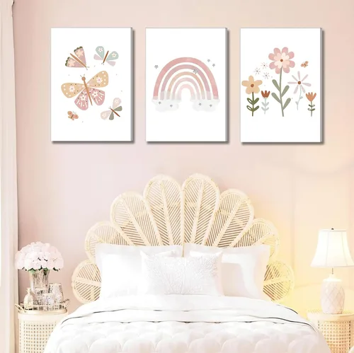 Miniatura 3 de Lienzo bohemio rosa para cuarto de bebé, arte de pared para habitación de niños, decoración de pared, diseño de flores de mariposa para niños