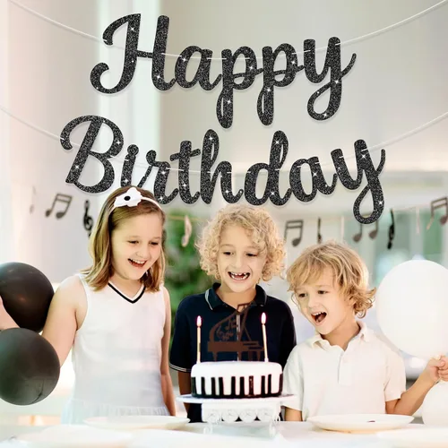 Miniatura 2 de Letrero de Pancarta de Feliz Cumpleaños Negro con Purpurina, Guirnalda de Cumpleaños Pancartas de Pared y Puerta Bandera para Mujeres Hombres Niños