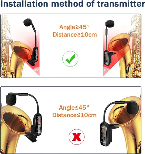 Miniatura 6 de Micrófono inalámbrico para saxofón, micrófonos UHF para saxofón, micrófono con clip de carga y pantalla digital, para trompeta, tuba, trombón