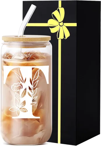 Miniatura 16 de Vaso de vidrio con monograma con tapa, pajita, idea de regalo de moda para amantes del café para mujeres y adolescentes, regalo personalizado