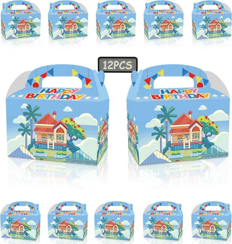 12 suministros de fiesta de cumpleaños de perro azul de dibujos animados, bolsas de decoración de fiesta azul, cajas de dulces, regalos de fiesta de