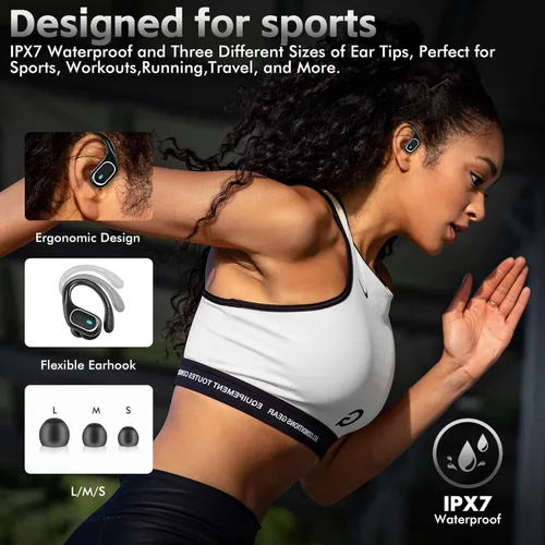 Miniatura 4 de Auriculares inalámbricos Bluetooth 80 horas de reproducción, IPX7, impermeables, funda de carga inalámbrica, ganchos para los oídos (negro)