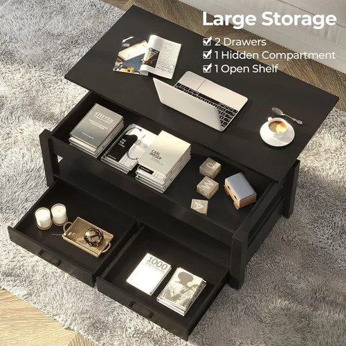 Miniatura 5 de Rolanstar - Mesa auxiliar, mesa de centro con cajones y compartimento oculto, mesa central retro con tablero de elevación de madera, para sala