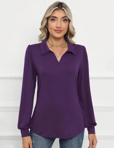 Miniatura 2 de LOMON Camisas tipo polo de manga larga con cuello en V y manga abombada para mujer