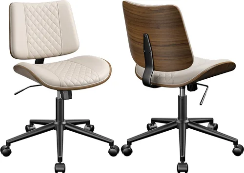 Miniatura 12 de YaFiti Silla de oficina sin brazos, silla de escritorio moderna de mediados de siglo con respaldo de madera de nogal y elevación de gas SGS nivel 3