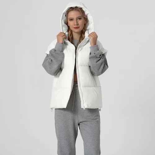 Miniatura 44 de Shiyifa Chaleco acolchado para mujer, chaqueta de gran tamaño, sin mangas, ligera, con cremallera, con capucha desmontable