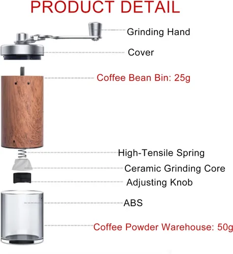 Miniatura 3 de Molinillo de café manual, molinillo de granos de café con ajustes ajustables, molinillo de café manual de acero inoxidable para camping, hogar