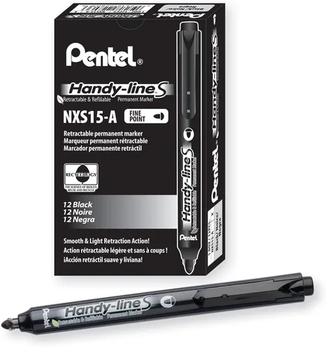 Pentel Handy-line S - Marcador permanente retráctil y recargable, punta de bala, barril negro, tinta negra, caja de 12 unidades (NXS15-A)