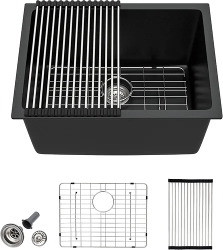 Miniatura 17 de Fregadero de preparación de barra de montaje inferior de 12 x 16 pulgadas, color negro mate, compuesto de cuarzo, clásico bajo encimera, lavabo