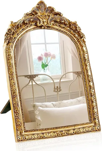 YUSONG Espejo de escritorio de maquillaje vintage, espejo antiguo dorado de 7 pulgadas para marco de resina de mesa, arte de pared decorativo para