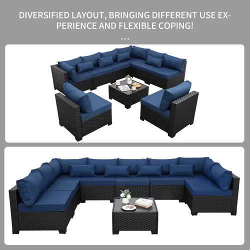 Miniatura 8 de Juego de 9 piezas de muebles seccionales para exteriores de mimbre resistente a la intemperie, seccional de patio y mesa de patio de vidrio, cojines