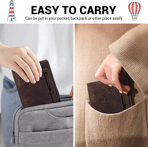 Miniatura 5 de YINHEXI Funda para pasaporte y funda para tarjeta de vacunación, funda para pasaporte con bloqueo RFID de cuero para mujeres y hombres, organizador