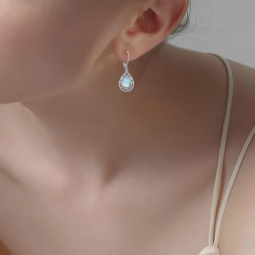 Miniatura 64 de Aretes colgantes de plata de ley con diseño de árbol de la vida, flor, abeja, animales, gato, colibrí, piedra lunar, turquesa, aretes con cierre