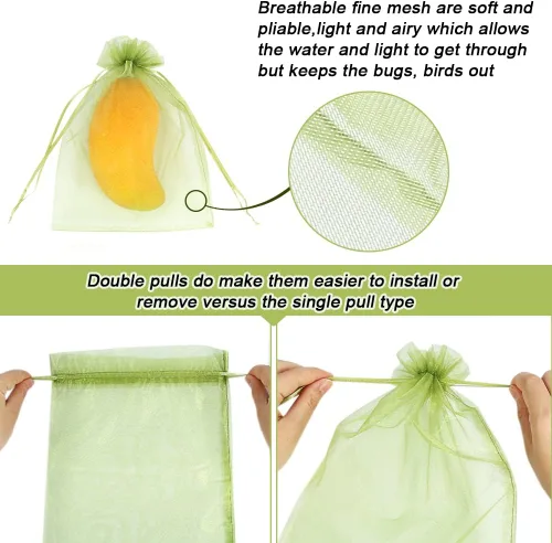 Miniatura 2 de 100 piezas de bolsas de protección de frutas 15x23 cm, bolsas de cobertura de malla verde con cordón, protectores de frutas de malla, barrera contra