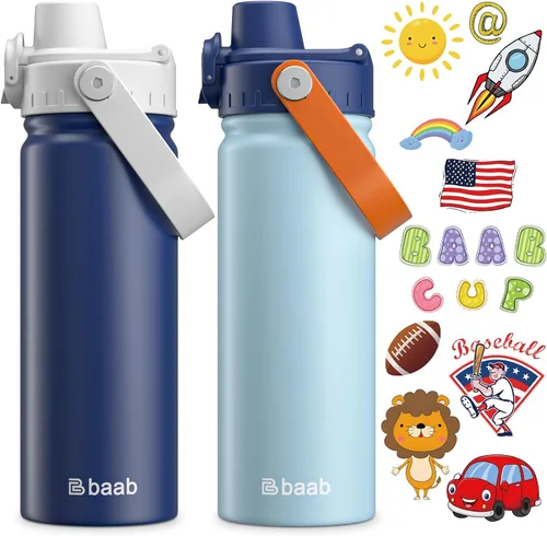 Miniatura 11 de baab Botella de Agua para Niños de 18 oz, Botella de Agua Aislada para Niños con Tapa de Boquilla Bloqueable y Calcomanías, Taza de Agua para Niños