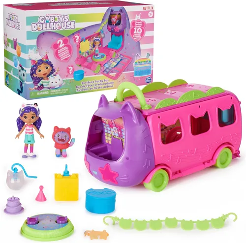 Spin Master Gabby's Dollhouse - Juego de viaje y autobús de fiesta, 7 figuras (Gabby, DJ Catnip y 5 gatos), autobús transformador, juguetes sorpresa