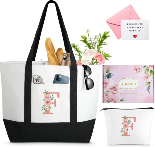 Miniatura 10 de TRSODD Regalos de cumpleaños para mujer, bolsa de lona con inicial con correa ajustable para el hombro y bolsa de maquillaje, regalos para mamá
