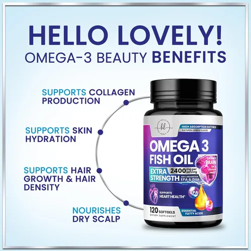 Miniatura 5 de Suplementos de aceite de pescado Omega 3 – 2400 mg de aceite de pescado por porción – Omega-3 de triple fuerza con ácidos grasos EPA y DHA – Apoyo