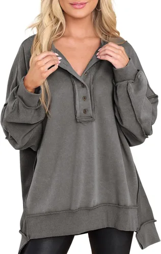 Miniatura 42 de AlvaQ - Sudadera de gran tamaño para mujer, informal, de manga larga, con botones y cuello Henley, tipo túnica