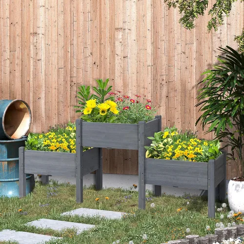 Miniatura 2 de Outsunny Cama de Jardín Elevada con 3 Jardineras, Soporte de Plantas de Madera con Orificios de Drenaje, para Verduras, Hierbas y Flores, Gris