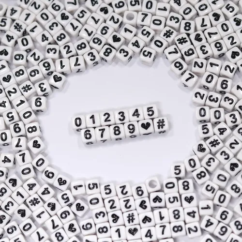 Melius - 500 piezas de cuentas acrílicas con números para hacer joyas, collares DIY, llaveros, pulseras (6x6 mm cuadradas, blancas)