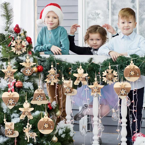 Miniatura 2 de Soaoo - Juego de 20 adornos rústicos de madera de Navidad, adornos de madera de reno, estrella, adornos de madera para árbol de Navidad con campana
