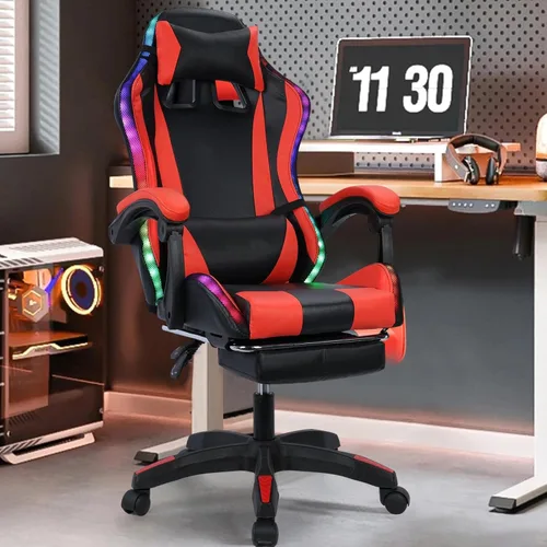 Miniatura 3 de Sillas de juegos para adultos, silla de computadora con reposapiés y respaldo alto ergonómico, luz LED, sillas giratorias de 360° en altura