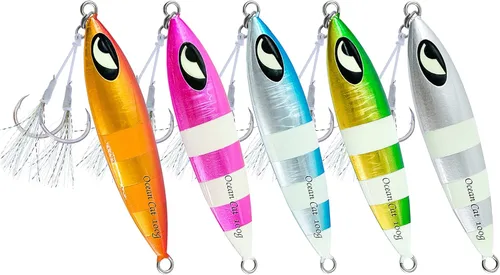 Miniatura 12 de OCEAN CAT Plomo de metal plano de caída lenta pesca señuelos hundimiento vertical cebo de jigging con gancho de mariposa para pesca en agua salada