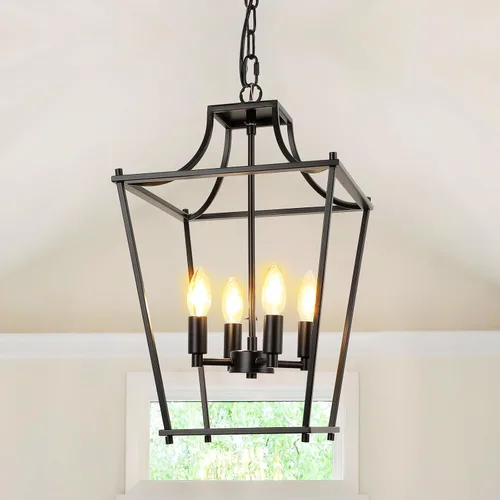Miniatura 12 de Lámpara colgante de farol, lámparas colgantes negras, 3 luces colgantes de farol negro, 9.4 pulgadas, iluminación colgante ajustable de granja