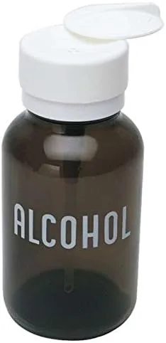 Dispensador de alcohol de vidrio ámbar no seguro para ESD con bomba de toque duradero y tapa blanca, 8 onzas.