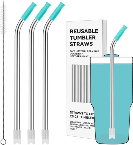 Miniatura 90 de Pajitas de metal rectas para vaso Stanley de 40 onzas, paquete de 3 popotes reutilizables de acero inoxidable con puntas de silicona y cepillo Gris