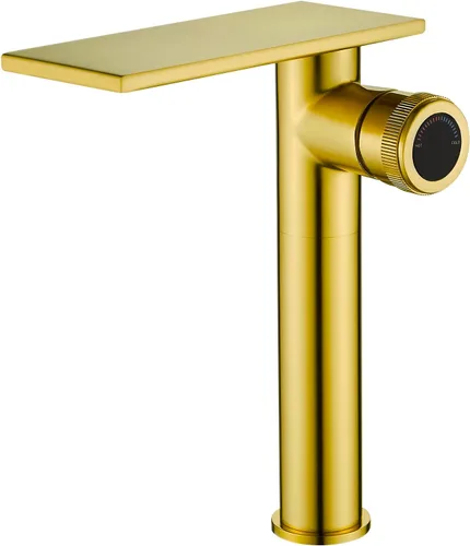 Becola Grifo mezclador de lavabo alto tipo cascada de oro cepillado moderno con perillas ajustables y dos líneas de suministro