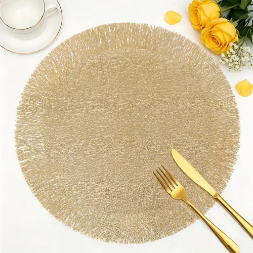 FAVE Juego de 6 manteles individuales redondos de vinilo dorados, manteles individuales lavables calados con borlas para decoración de mesa, uso