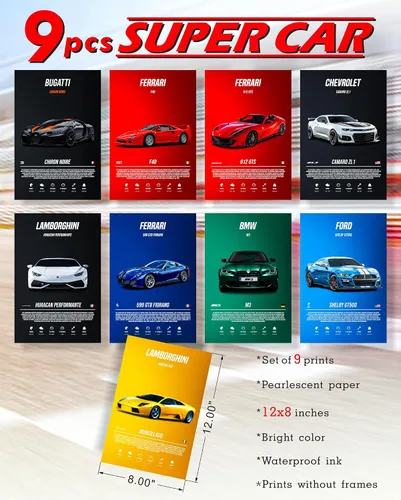 Miniatura 2 de 9 pósteres de súper autos para habitación de niños, decoración de pared de autos deportivos, arte de pared de autos de carreras para hombres