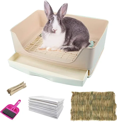 Miniatura 9 de kathson Caja de arena grande para conejo con cajón, entrenador de esquina para inodoro de conejo, caja de arena para conejillos de indias, sartén