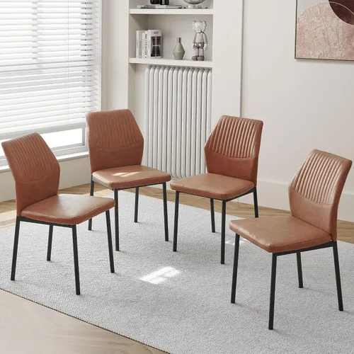 Miniatura 9 de Juego de 4 sillas de comedor de piel sintética marrón, cómodas sillas de cocina tapizadas sin brazos con patas de metal negro para sala de estar