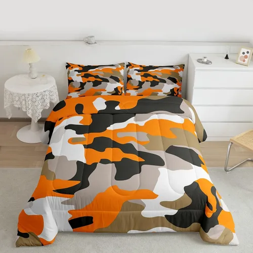 Miniatura 2 de Feelyou Juego de edredón de camuflaje naranja para niños, tamaño individual, juego de ropa de cama de camuflaje estilo militar para niños y niñas