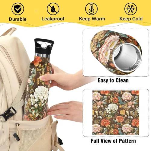 Miniatura 4 de Autumn Flowers Carnation Cactus Amaryllis Brown Leak Proof & BPA Free Sport Insulated Water Bottle With Straws Leak-proof Double-Wall Insulation for