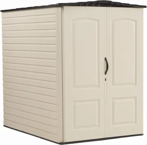 Rubbermaid - Cobertizo grande vertical de resina para exteriores con piso (6.2 x 4.6 pies), resistente a la intemperie, beige/marrón, para organizar