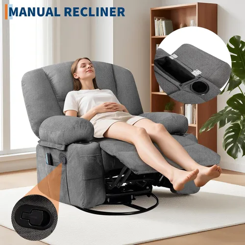 Miniatura 4 de Mecedora de masaje con vibración y calor, sillas mecedoras giratorias de felpilla de 360° para sala de estar, asiento de cine en casa con portavasos